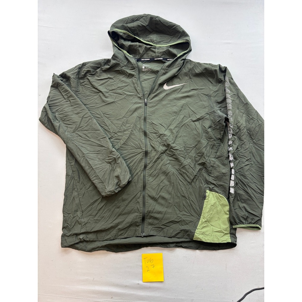Nike Running Mens Large Olive Green Full Zip Hooded Windbreaker Jacket